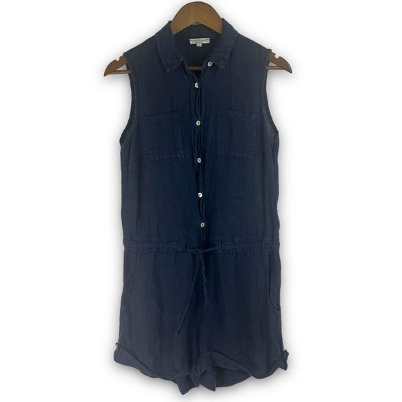 Marisa & Marie Navy Half Button Front‎ Drawstring Cuffed Linen Romper Size Small - Picture 1 of 15
